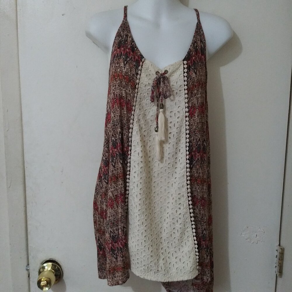 Maurices Boho Sleeveless Tassel Top with Eyelet Lace & Tribal Print – Size 2